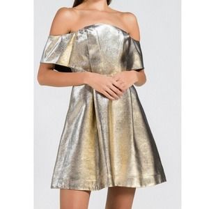 Sandro Paris Metallic Gold Silver Off-Shoulder Cocktail Party Dress Sz 8